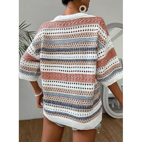 Women’s Crochet Sweater Top V Neck Cap Short Sleeve Spring Summer Knit Shirt Loose Hollow Out Striped Pullover Beach Vacation Cruise Casual Fashion Clothes