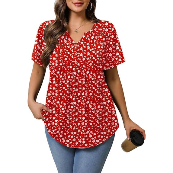 Womens Plus Size Tunic Tops Summer Short Sleeve V Neck Floral Blouse Casual Loose Fit Pleated Button Down Dressy T Shirts for Work, Travel & Everyday Wear