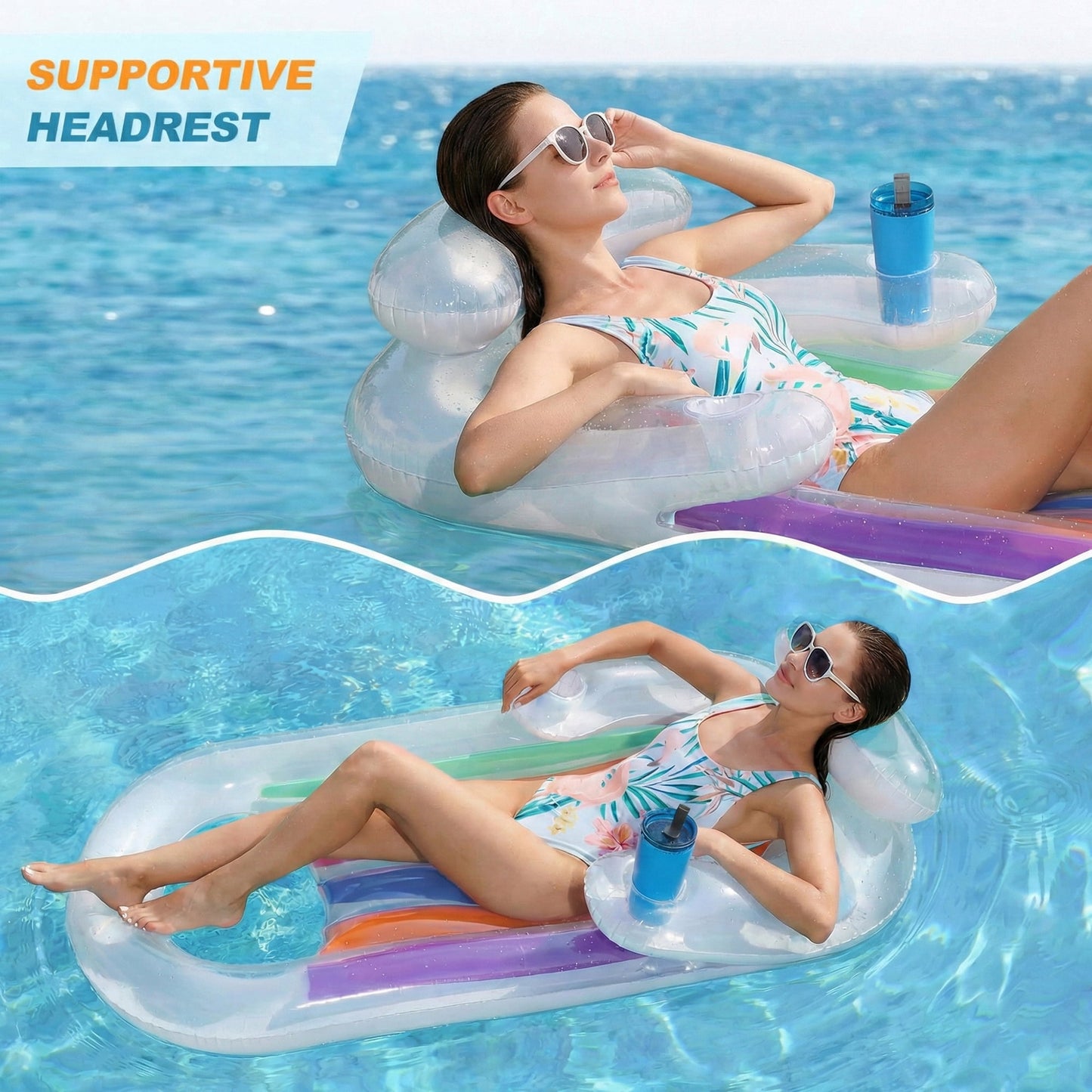 Flynow Inflatable Pool Float Adult, Pool Floaties Lounger Floats Floating Chair Raft with Adjustable Backrest Cup Holders Water Floaty Lake Lounge Tanning Floats Beach Party Toys for Adults