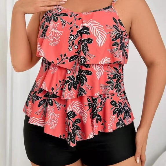 Plus Size Tankini Swimsuits for Women Tummy Control 2 Piece Bathing Suit Ruffle Flounce Swim Top with Boyshorts Modest Floral Swimwear