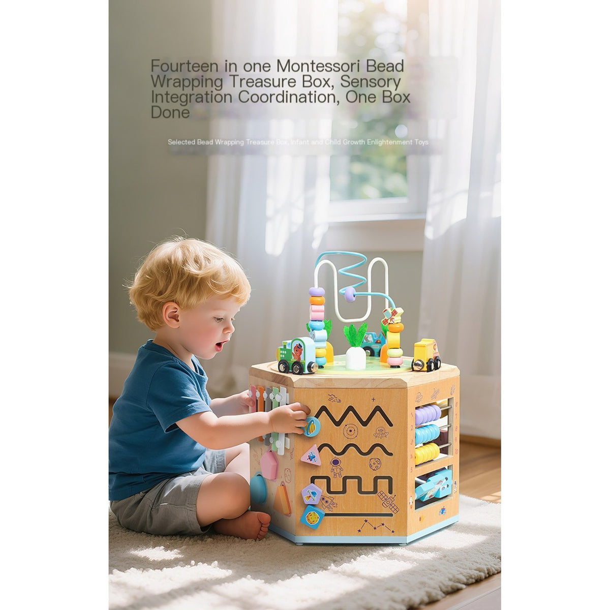 Flynow Baby Wooden Activity Table Cube for Toddlers, 14 in 1 Montessori Baby Activity Cube, Baby Play Cube Toy with Educational Features, Gift Wooden Cube Toy for Babies 6-12 Months