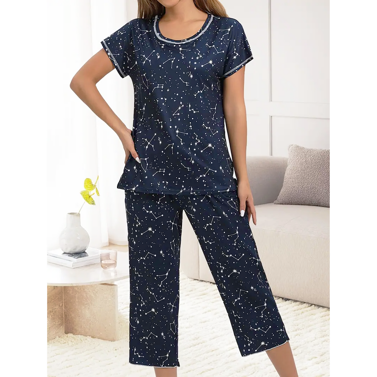 WQD Womens Pajama Sets Pj Set Floral Print Short Short Sleeve Top With Capri Pants Sleepwear 2 Piece Loungewear with Pockets
