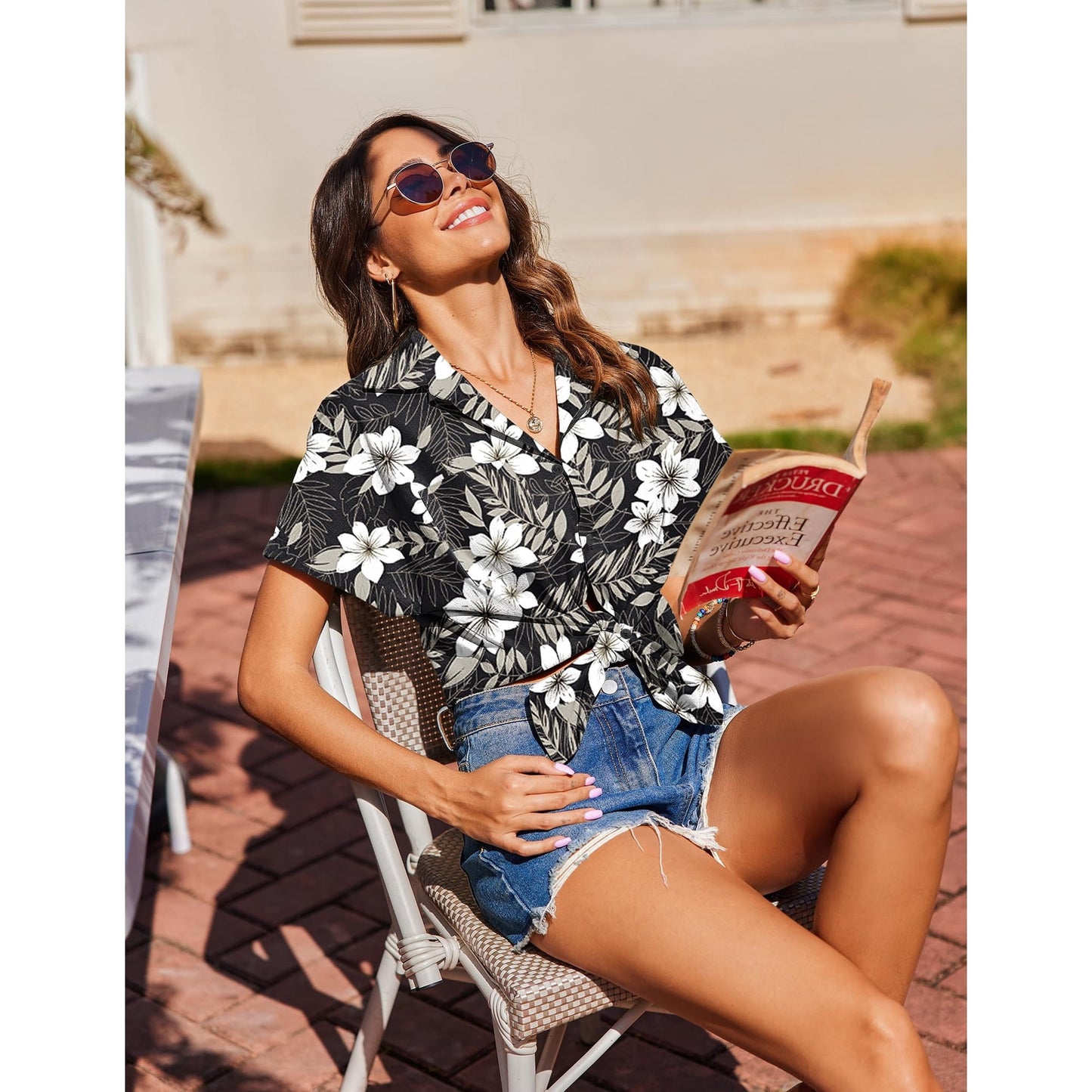WQD Women’s Tropical Hawaiian Shirt Floral Print Button Up Short Sleeve Tops Summer Casual Beach Holiday Vacation Blouses Lightweight