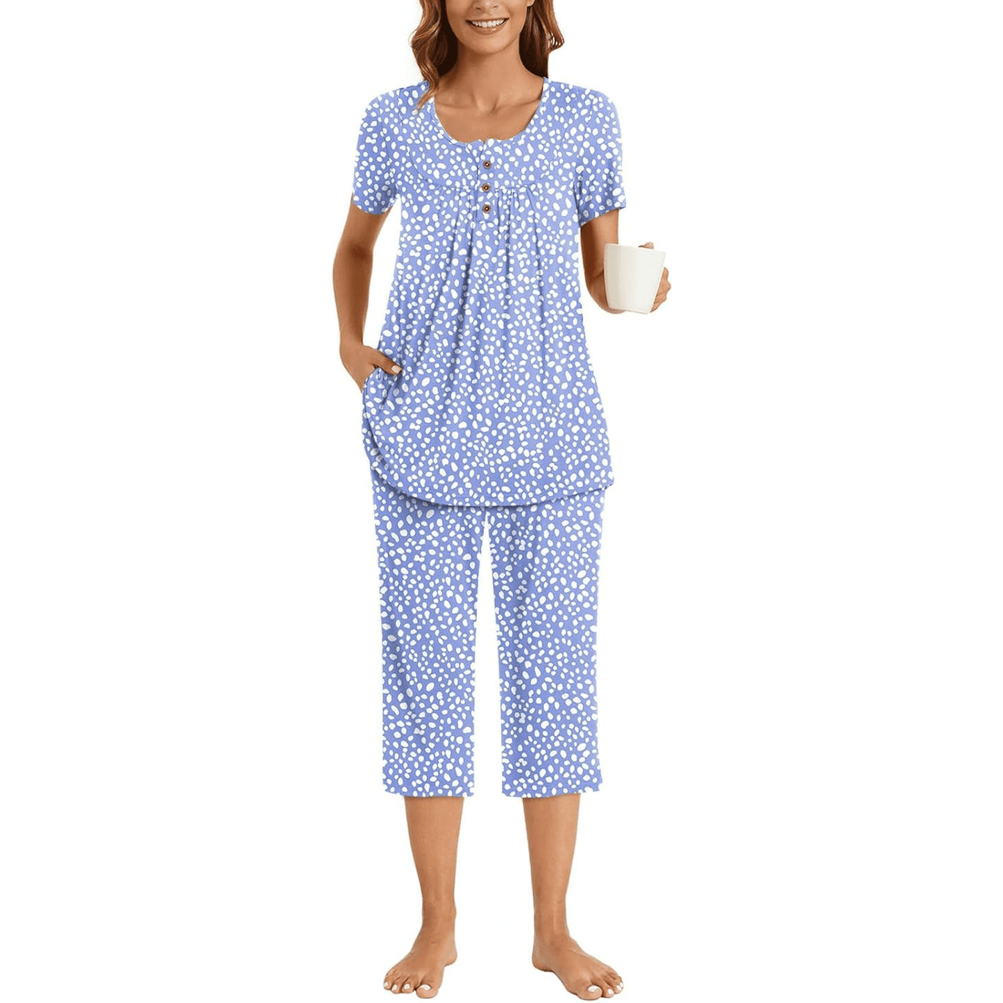 WQD Womens Pajama Sets 2 Piece Lounge Sets Soft Loungewear Comfy Pj Sets Henley Neck Short Sleeve Top and Capri Pants Loose Sleepwear with Pockets