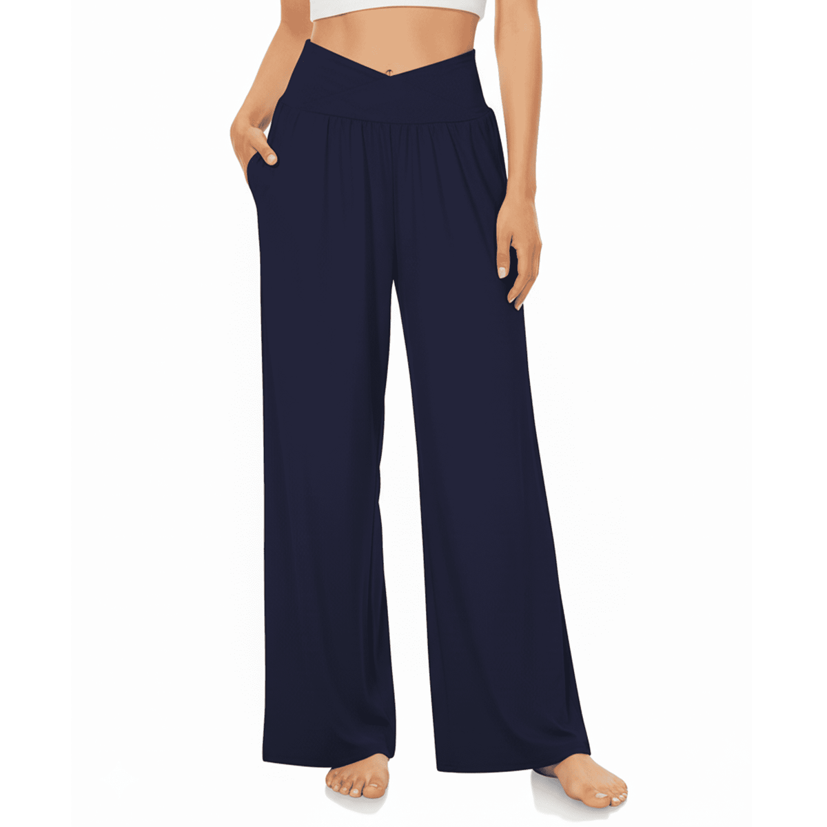 WQD Women’s Sweatpants Wide Leg Lounge Pants Crossover High Waist Yoga Pants with Pockets Comfy Loose Fit Flowy Casual Pajama Pants