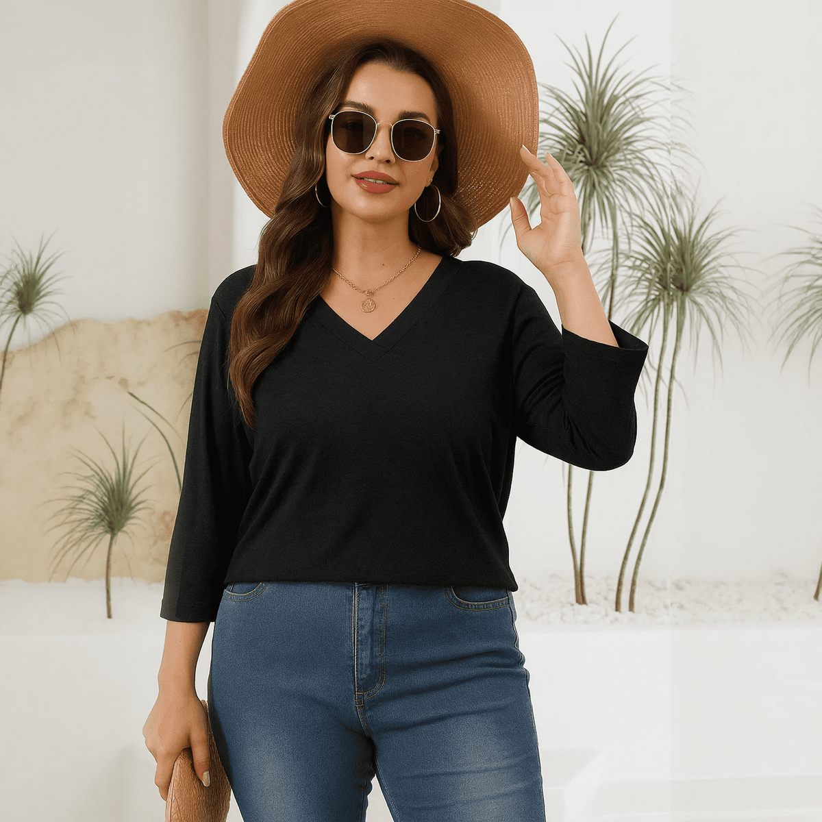WQD 3/4 Length Sleeve Womens Tops V Neck Casual Tunic Shirts Basic T shirt Loose Fit Blouse Fashion Clothes Trendy Outfits for Fall Winter Spring