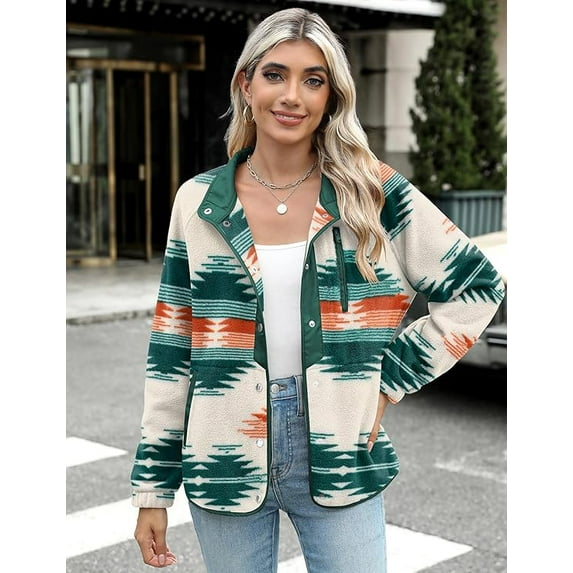 WQD Womens Fleece Shacket Jacket Winter Sherpa Coat Long Sleeve Warm Fuzzy Casual Western Aztec Print Outerwear Soft Cozy Snap Button Down Fashion Top with Pockets