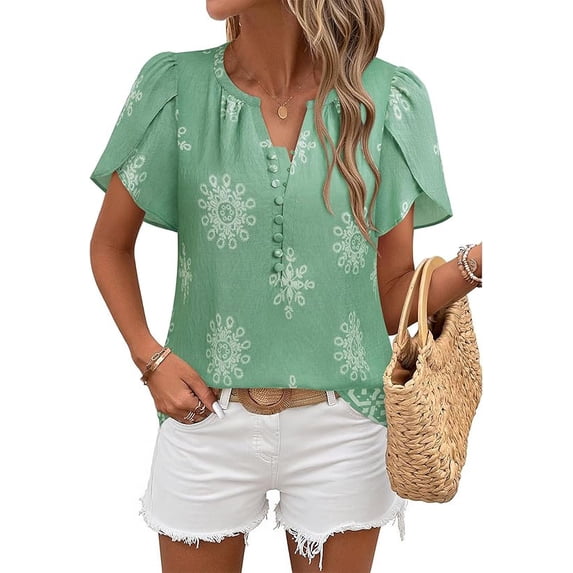 Womens Summer Boho Blouse Short Sleeve Button Down Floral Top Casual Business Work Shirt Fashion Beach Vacation Tops