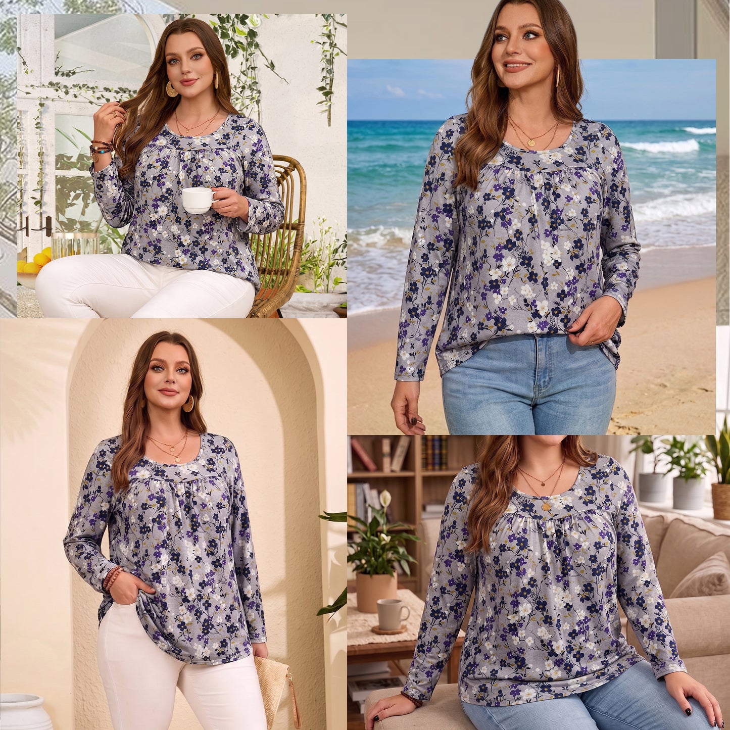 WQD Women's Long Sleeve Tunic Tops Floral Print Casual Crew Neck Pleated Blouse Loose Fit Flowy Shirts Dressy Casual Tops for Leggings S-4XL Plus Size