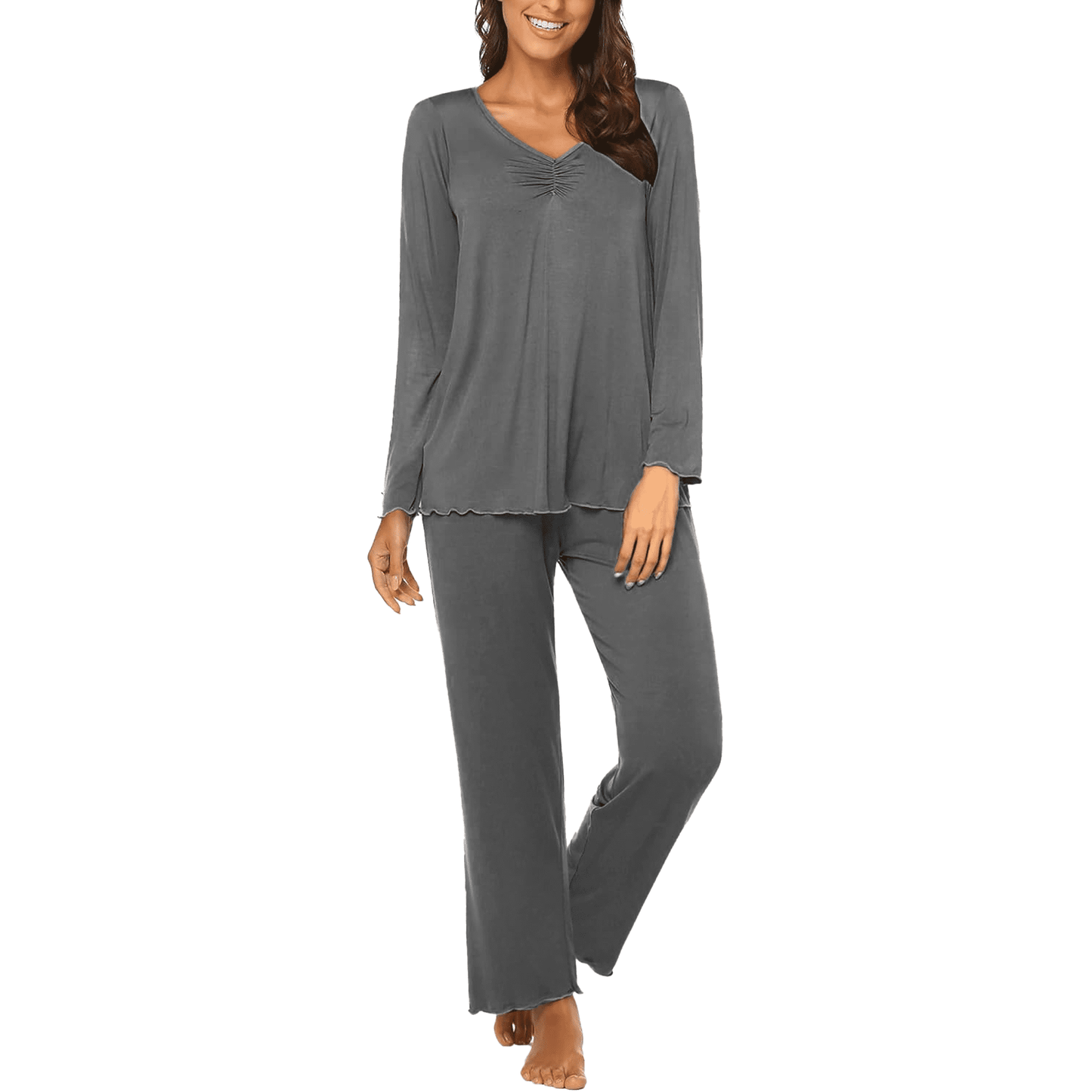 WQD Womens Pajama Sets 2 Piece Lounge Sets V Neck Long Sleeve Loungewear Comfy Pj Sets Top and Pants Soft Loose Sleepwear for Fall Winter Spring