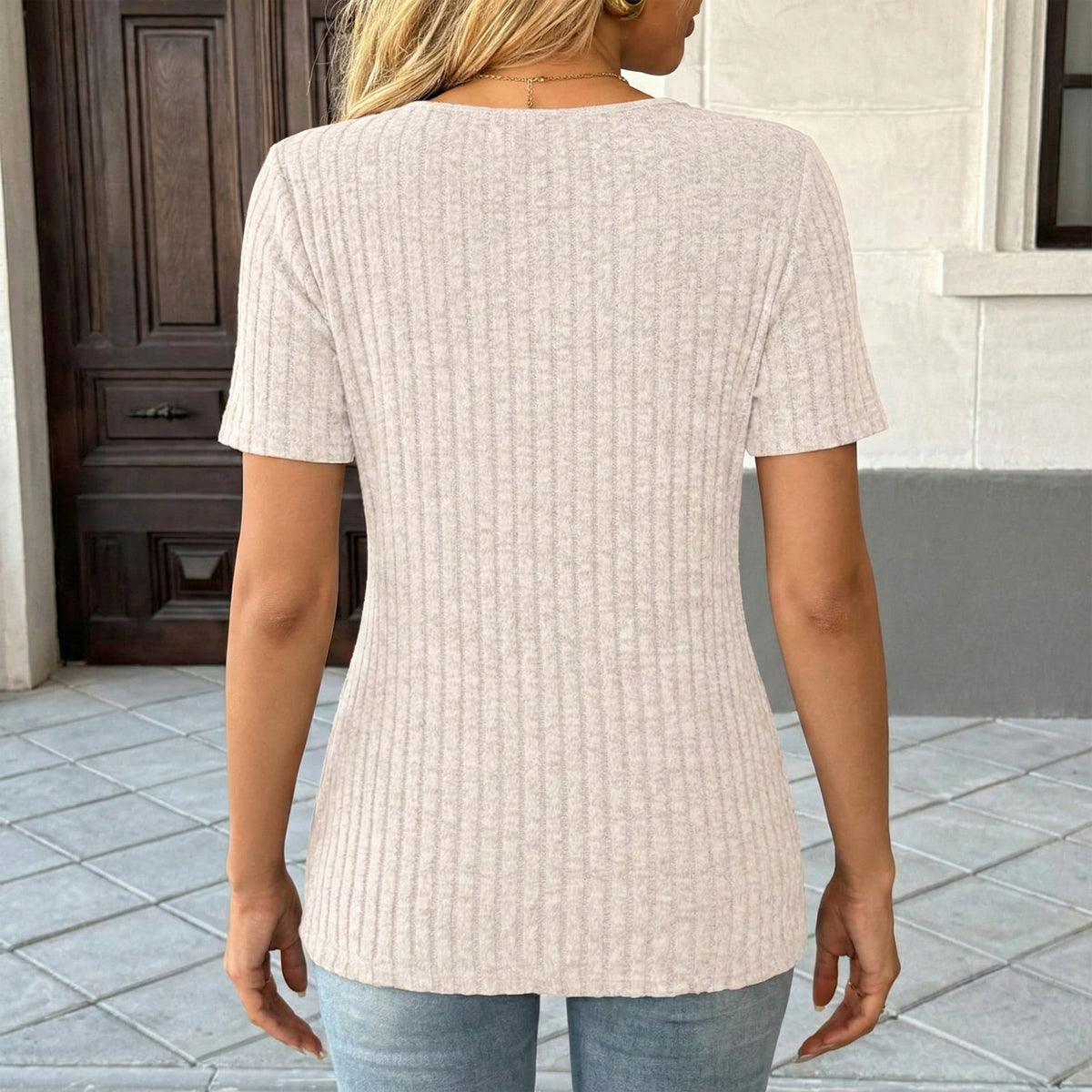 WQD Womens Summer Short Sleeve V Neck Tops Casual Tunic Shirts Button Detail Loose Fit T Shirts for Work Daily Wear Vacation