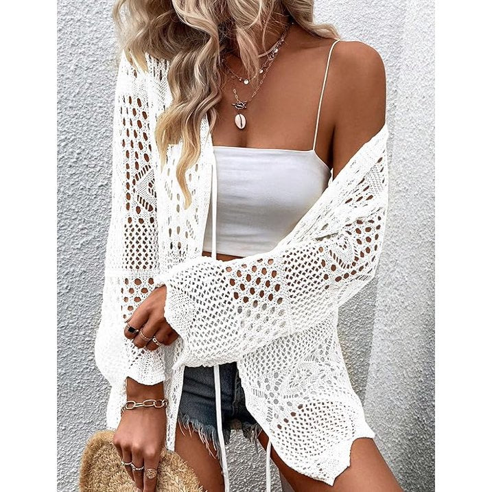 WQD Women Crochet Cardigan for Summer Spring Fall, Lightweight Oversized Tie Front Hollow Out Long Sleeves Kimono Boho Knit Beach Cover Up with Swimsuit, Bikini, Bathing Suit