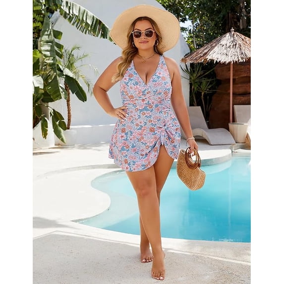 Women Plus Size Swimsuit One Piece Swim Dress Tummy Control Bathing Suits Criss Cross Modest Swimwear