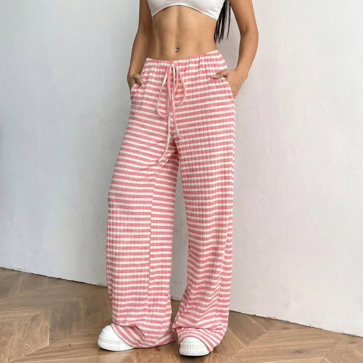Women’s Wide Leg Palazzo Pants High Waisted Striped Knit Lounge Pants Elastic Waist Drawstring Casual Pajama Trousers