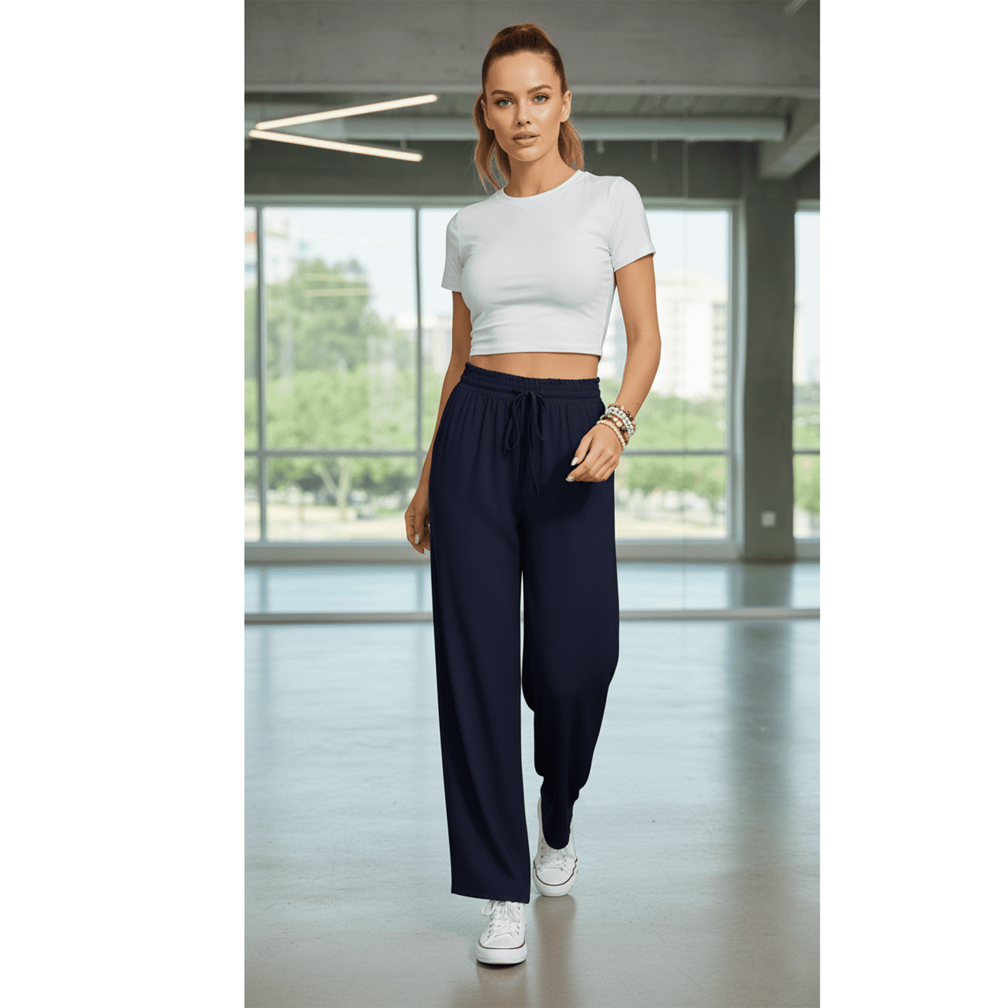 Women’s Casual Wide Leg Sweatpants Flowy Lounge Pants with Pockets Adjustable Tie Knot Elastic Waist Pajama Pants