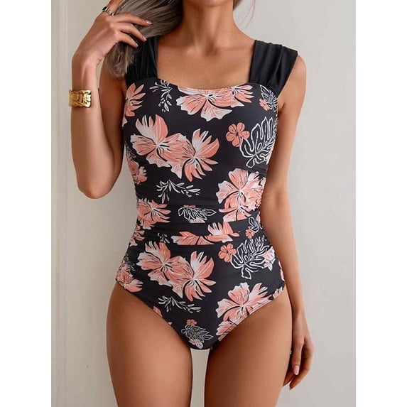 WQD Womens One Piece Swimsuit Square Neck Tummy Control Bathing Suit Ruched Retro Modest Full Coverage Swimwear