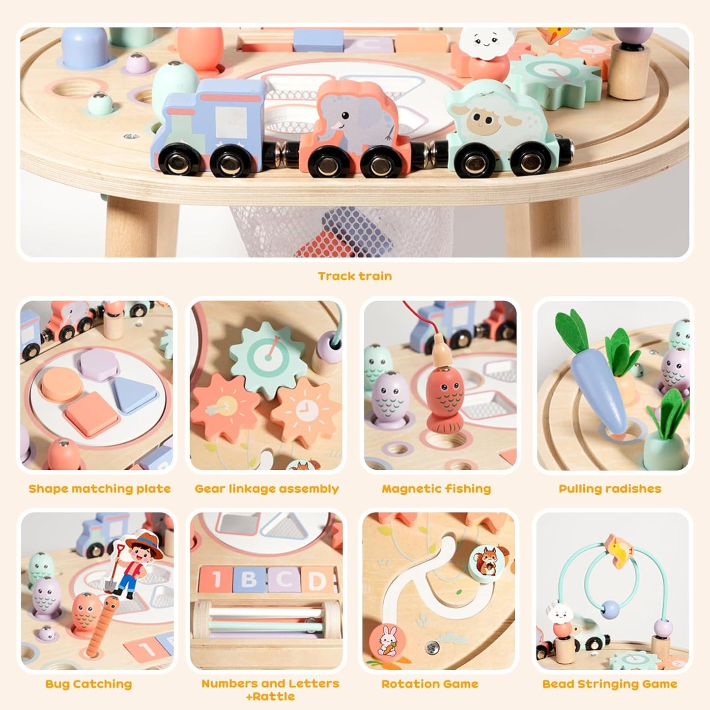 Flynow Baby Busy Board Toys 10-in-1 Wooden Sensory Activity Table, Montessori Toddler Toy Shape Sorter, Fishing, Bead Maze & Train Track, Educational Learning Birthday Gift for 1+ Year Old Boys Girls