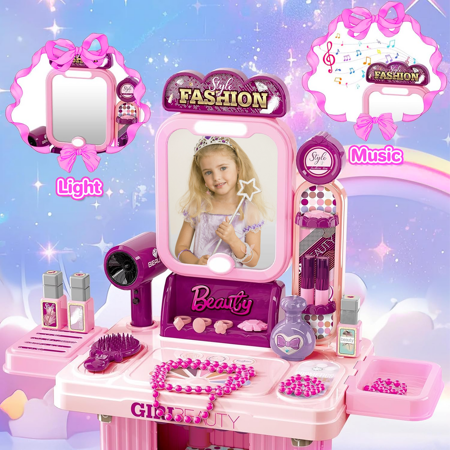 Flynow Toys Makeup Table Playset, Girls Dressup Pretend Play Princess for Toddler 1-3 Years Old, Kids Vanity Accessories 31pcs Set with Music Light, Christmas Birthday Gift for Age 2 4 5 6 7 8 9 10