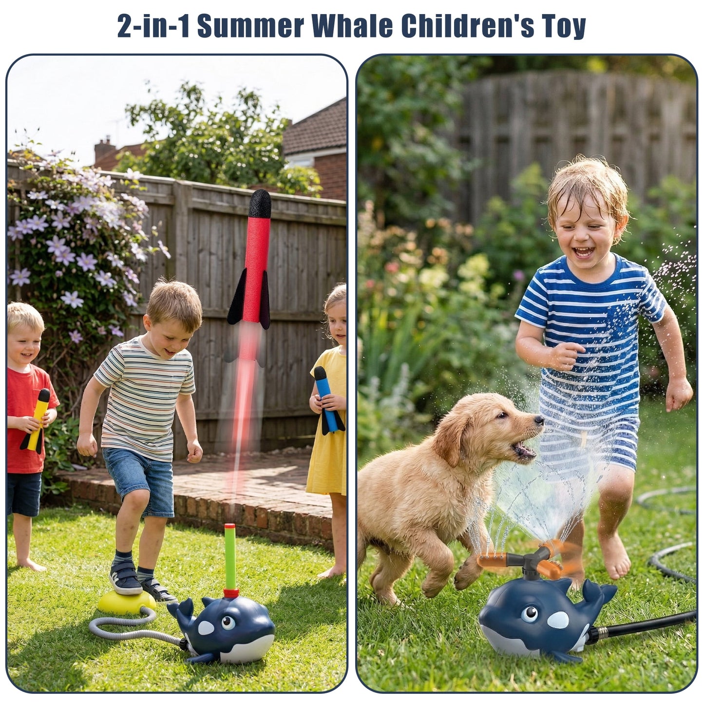 Flynow Whale 2 in 1 Water Sprinkler Toy Rocket Launcher Set - Outdoor Summer Water Spray Sprinkler for Backyard Lawn Garden Kids Ages 3-12