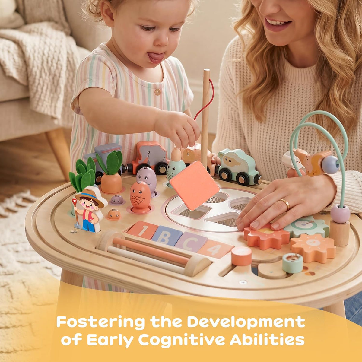 Flynow Baby Busy Board Toys 10-in-1 Wooden Sensory Activity Table, Montessori Toddler Toy Shape Sorter, Fishing, Bead Maze & Train Track, Educational Learning Birthday Gift for 1+ Year Old Boys Girls