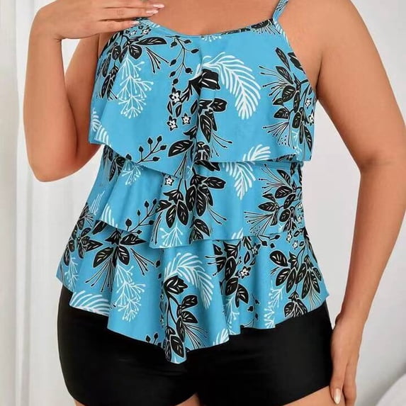 Plus Size Tankini Swimsuits for Women Tummy Control 2 Piece Bathing Suit Ruffle Flounce Swim Top with Boyshorts Modest Floral Swimwear