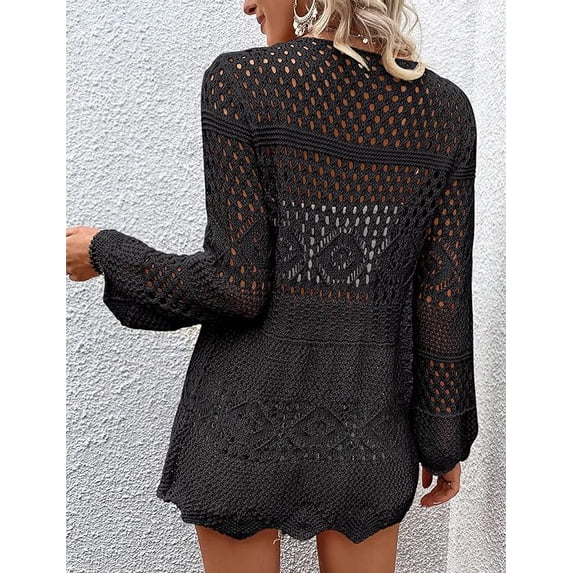WQD Women Crochet Cardigan for Summer Spring Fall, Lightweight Oversized Tie Front Hollow Out Long Sleeves Kimono Boho Knit Beach Cover Up with Swimsuit, Bikini, Bathing Suit