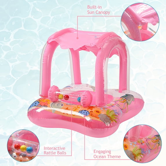 Flynow Baby Pool Float with Canopy Sun Protection, Kids Swimming Float with Safety Seat, Inflatable Toddlers Pool Floats with Cartoon Bell Toy, Infant Swim Trainer, Summer Essentials for Boys Girls