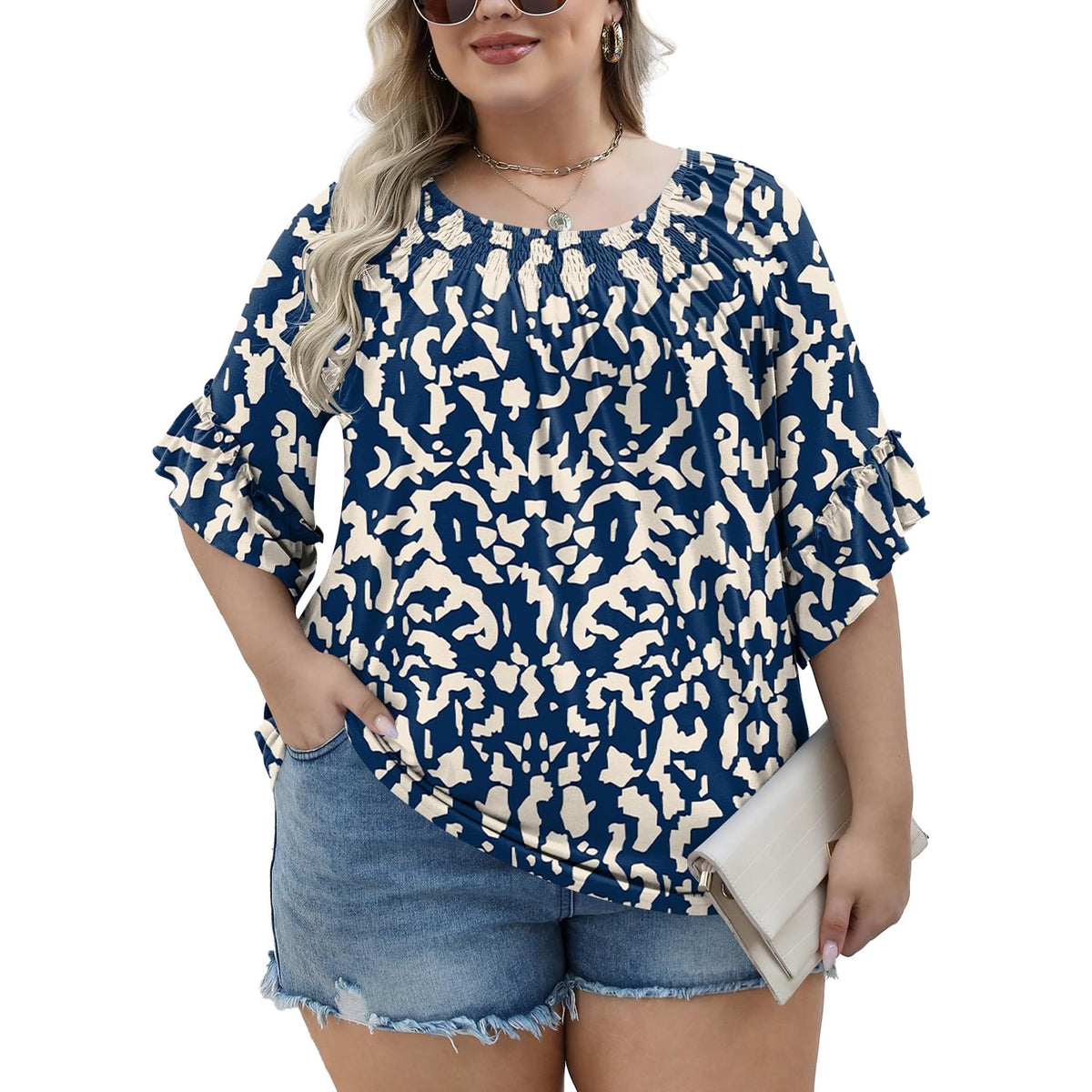 WQD Womens Plus Size Tunic Top 3/4 Ruffle Sleeve Crewneck Pleated Blouse Dressy Casual