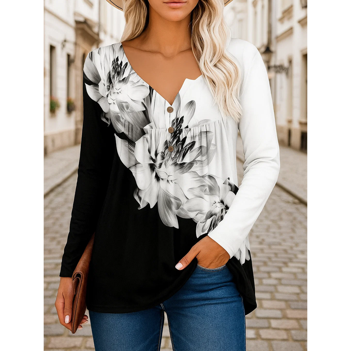 WQD Scoop Neck Tops for Women Floral Long Sleeve Tunic Blouses Casual Loose Fit Shirts to Wear with Leggings Dressy Work Tops (Available in Plus Size)