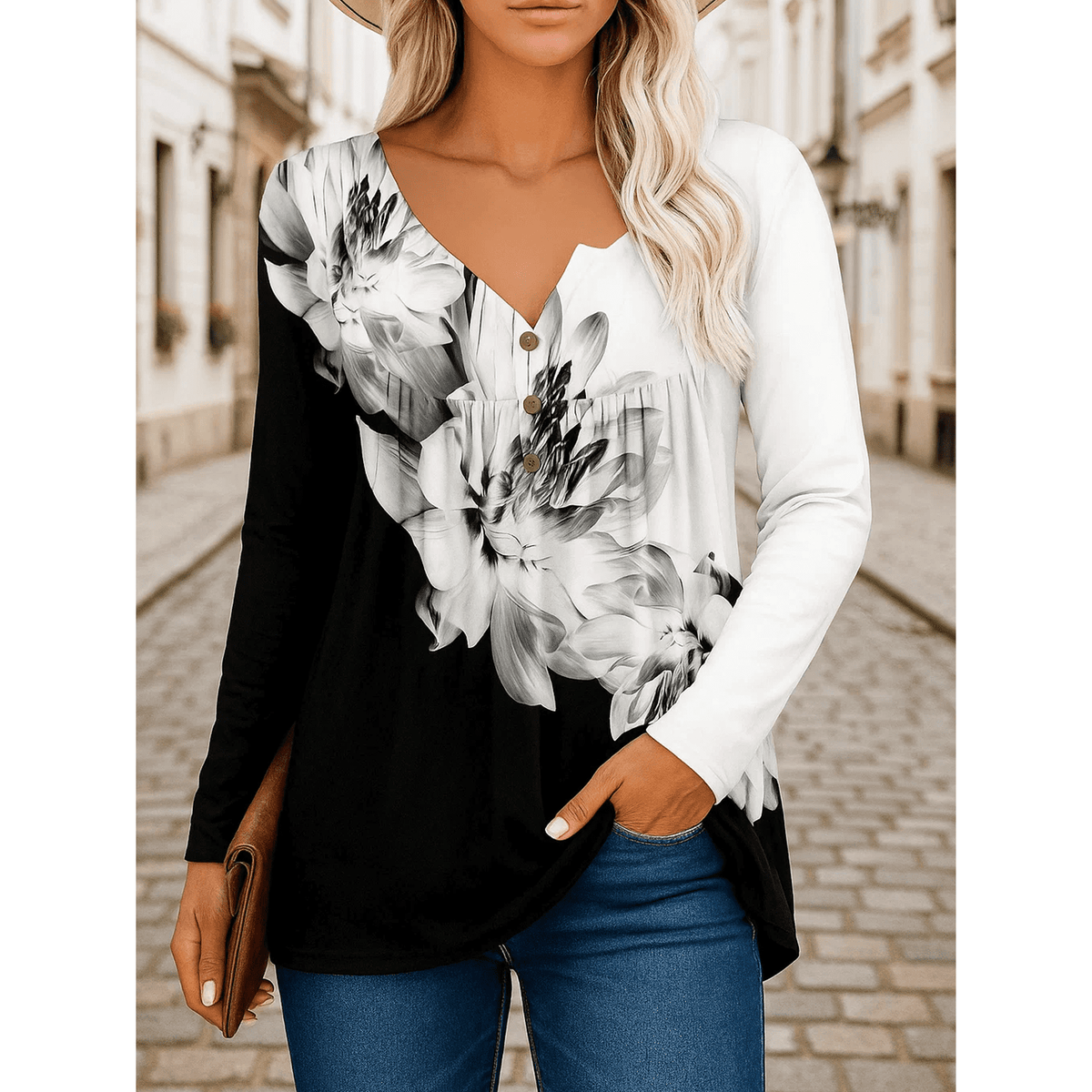 WQD Womens Long Sleeve Shirts Dressy Casual Floral Blouses Loose Tunic Tops for Fall Winter Spring (Available in Plus Size)