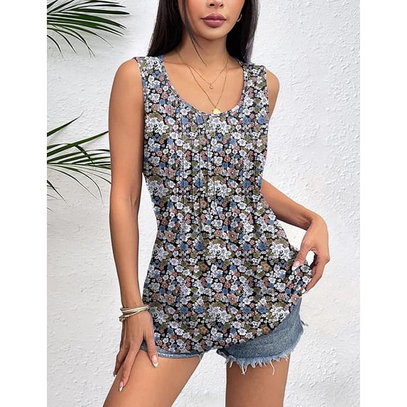 WQD Women’s Tank Top Summer Sleeveless Tops Pleated Floral Tank Shirt Crew Neck Loose Fit Casual Flowy Dressy Lightweight Tunic Blouse for Daily Fashion Wear