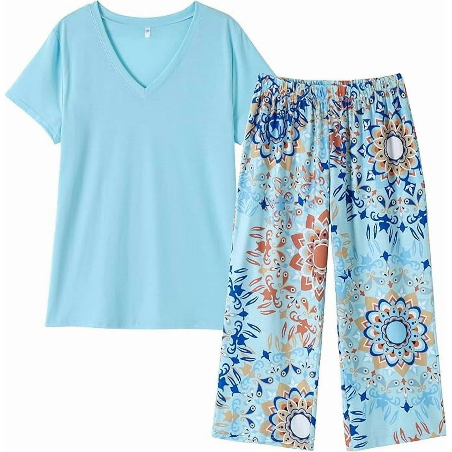 WQD Womens Pajama Sets 2 Piece Lounge Sets Soft Loungewear Comfy Pj Sets V Neck Short Sleeve Top and Capri Pants Loose Sleepwear with Pockets