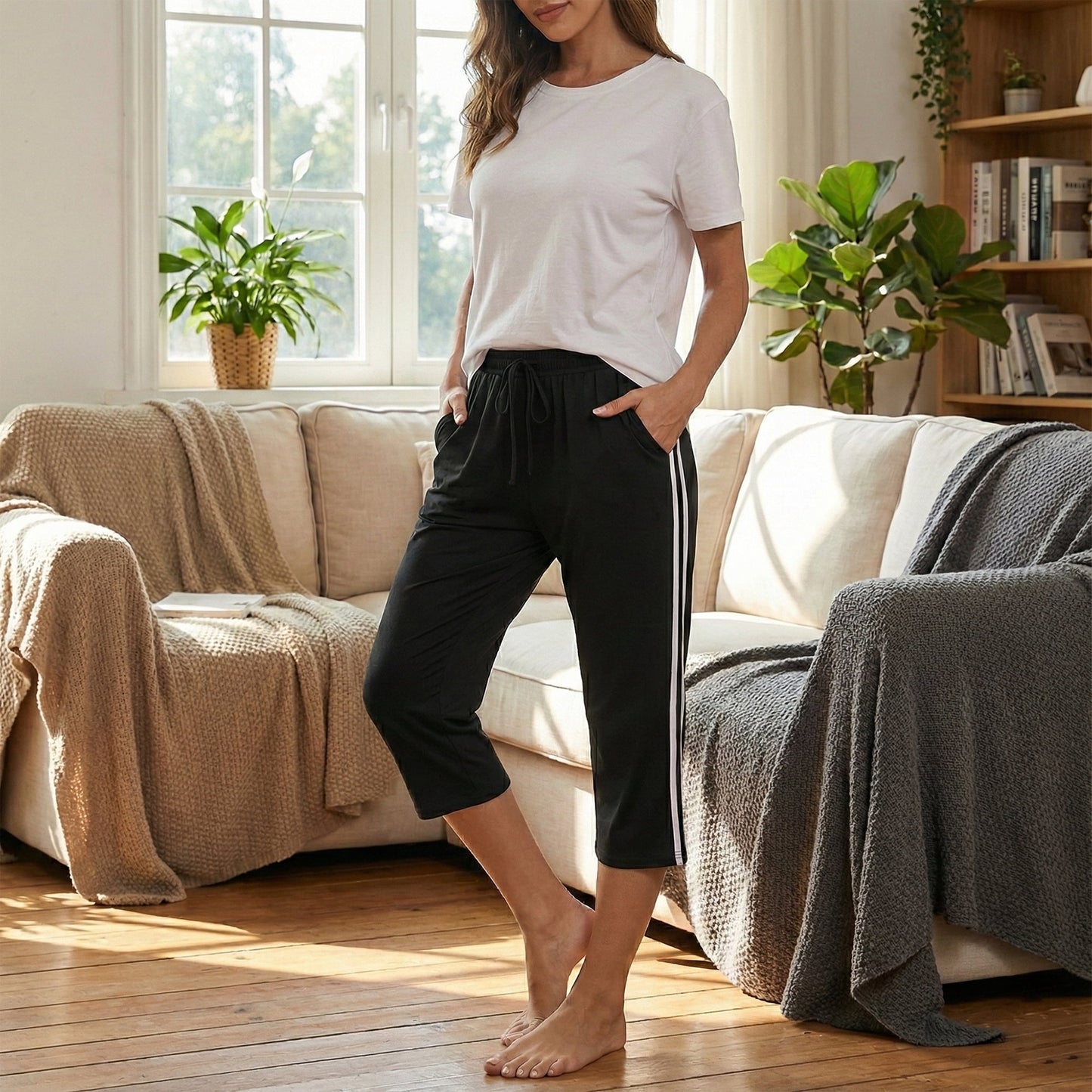 Women's Capri Yoga Pants Loose Soft High Waist Drawstring Workout Sweatpants Causal Lounge Pants Flared Leggings with Pockets for Summer