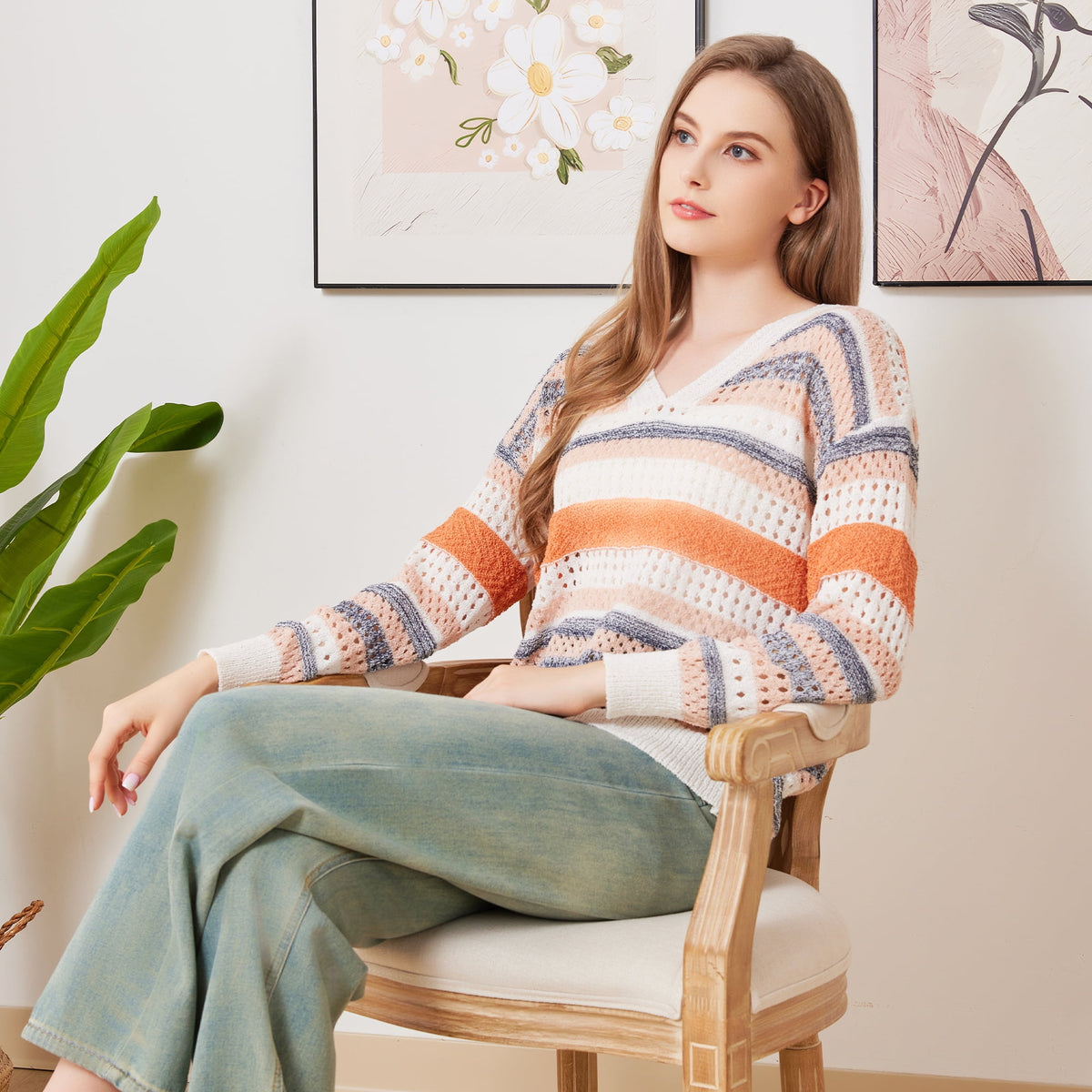WQD Womens Long Sleeve Shirts Crochet Knit Sweater Hollow Out Striped Tops Casual Trendy Outfits for Fall Winter Spring