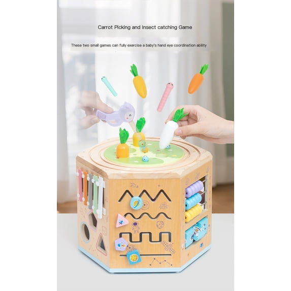 Flynow Baby Wooden Activity Table Cube for Toddlers, 14 in 1 Montessori Baby Activity Cube, Baby Play Cube Toy with Educational Features, Gift Wooden Cube Toy for Babies 6-12 Months