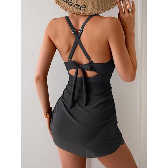 Women’s One Piece Swimdress Swimsuit Mesh Sarong Wrap Skirt Tummy Control V Neck Cutout Bathing Suit Drawstring Swimwear