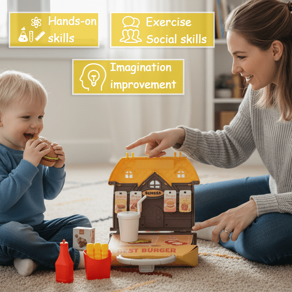 Flynow Kids Pretend Play Food Burger Toy for Toddler 1-3 Year Old, 26pcs Playset with Storage Box, Hamburger, French fries, Christmas Birthday Gift for Child Boys Girls Age 2 4 5 6 7 8 9 10