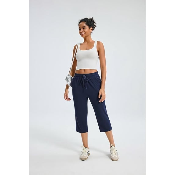 WQD Women’s Capri Sweatpants Yoga Pants Loose Workout Joggers High Waist Drawstring Flare Leggings Lounge Pajama Capris Pants with Pockets for Summer (Available in Plus Size)