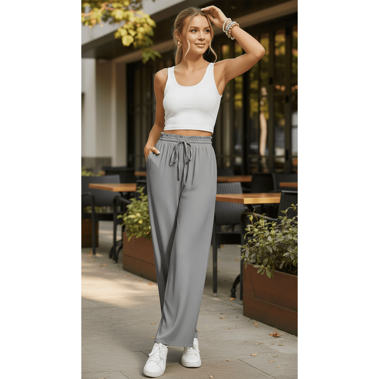 Women’s Casual Wide Leg Sweatpants Flowy Lounge Pants with Pockets Adjustable Tie Knot Elastic Waist Pajama Pants