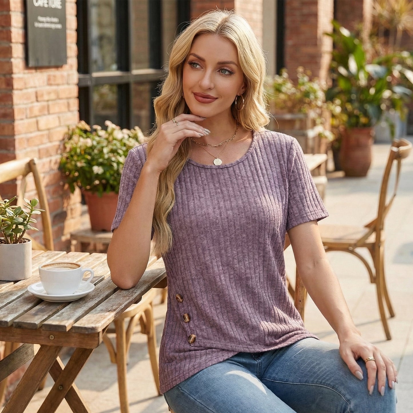 Womens Summer Tunic Tops Short Sleeve Crew Neck Casual Shirts Button Detail Loose Fit T Shirts for Daily Wear Vacation