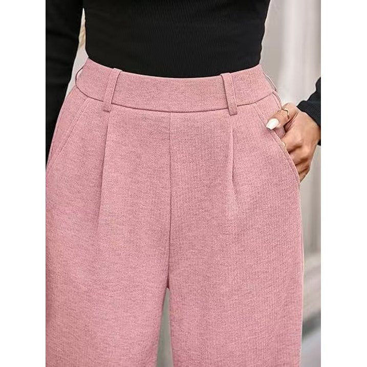 Women’s High Waisted Wide Leg Pants Casual Straight Leg Trousers with Front Pleats Elastic Back Waist Lounge Work Pants
