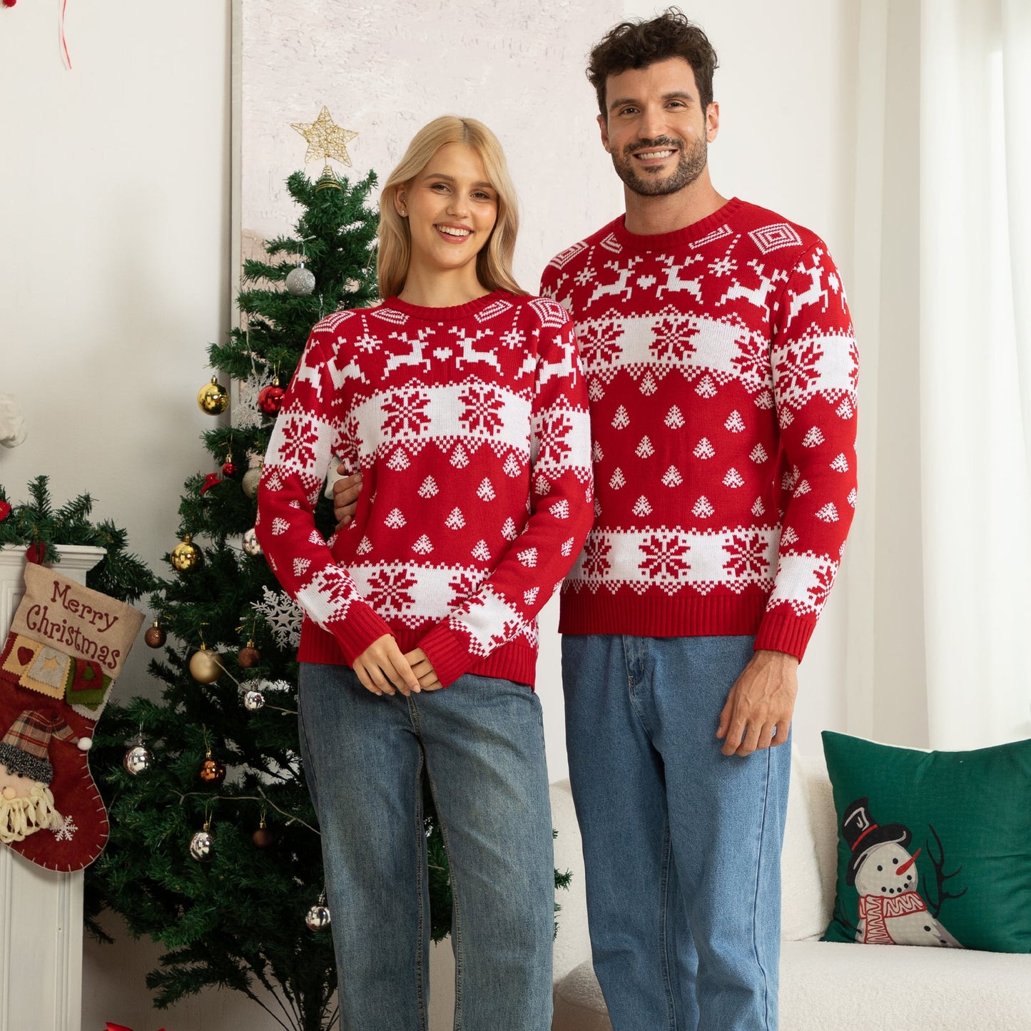 WQD Wen Christmas Sweater Family Couples Warm Thick Casual Ugly Knitted Pullover Top Xmas Elk Snowflake Reindeer Sweatshirt for Holiday Party New Year