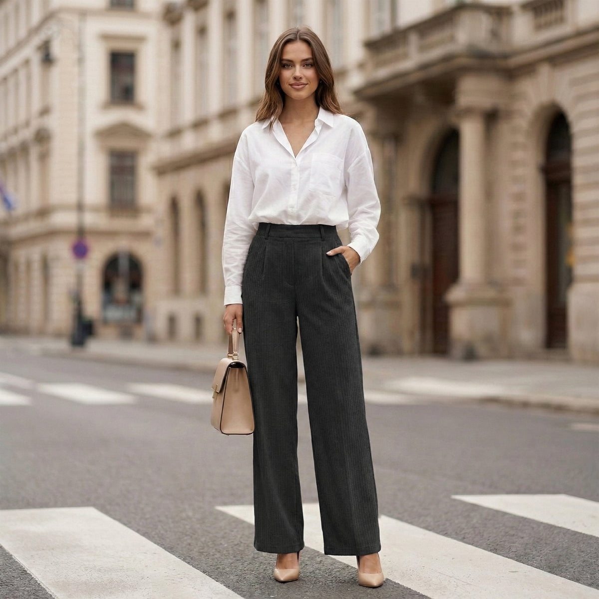 Women’s High Waisted Wide Leg Pants Casual Straight Leg Trousers with Front Pleats Elastic Back Waist Lounge Work Pants