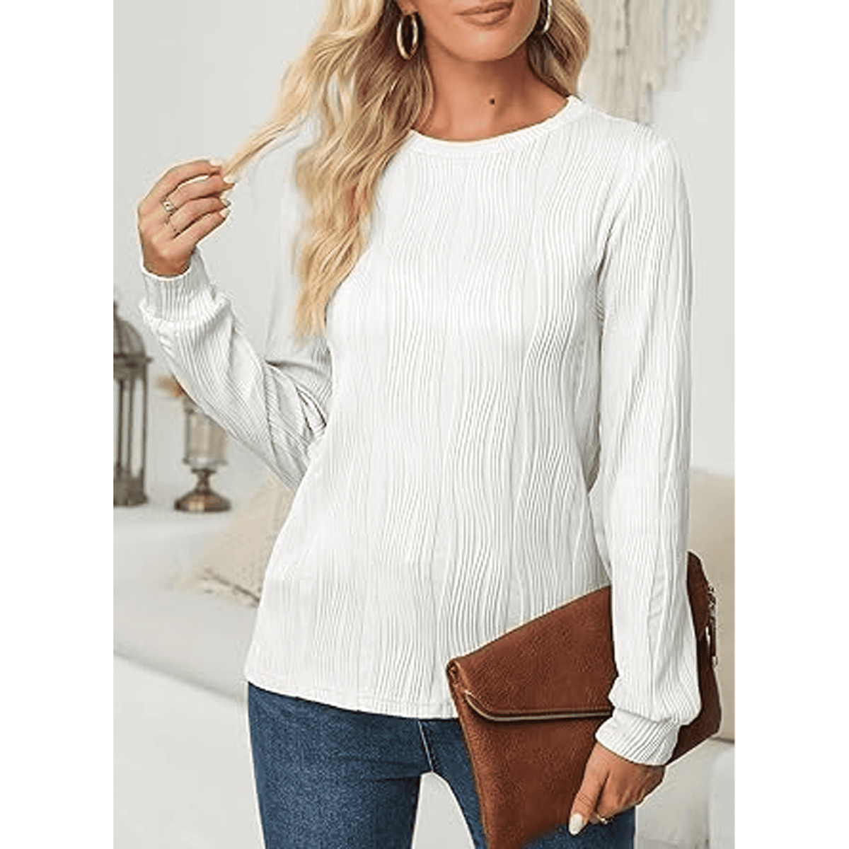 WQD Womens Long Sleeve Shirts Casual Textured Crewneck Tops Solid Tees Trendy T Shirts Casual Outfits Loose Dressy Fit Blouses Fashion Pullover Fall Spring Winter
