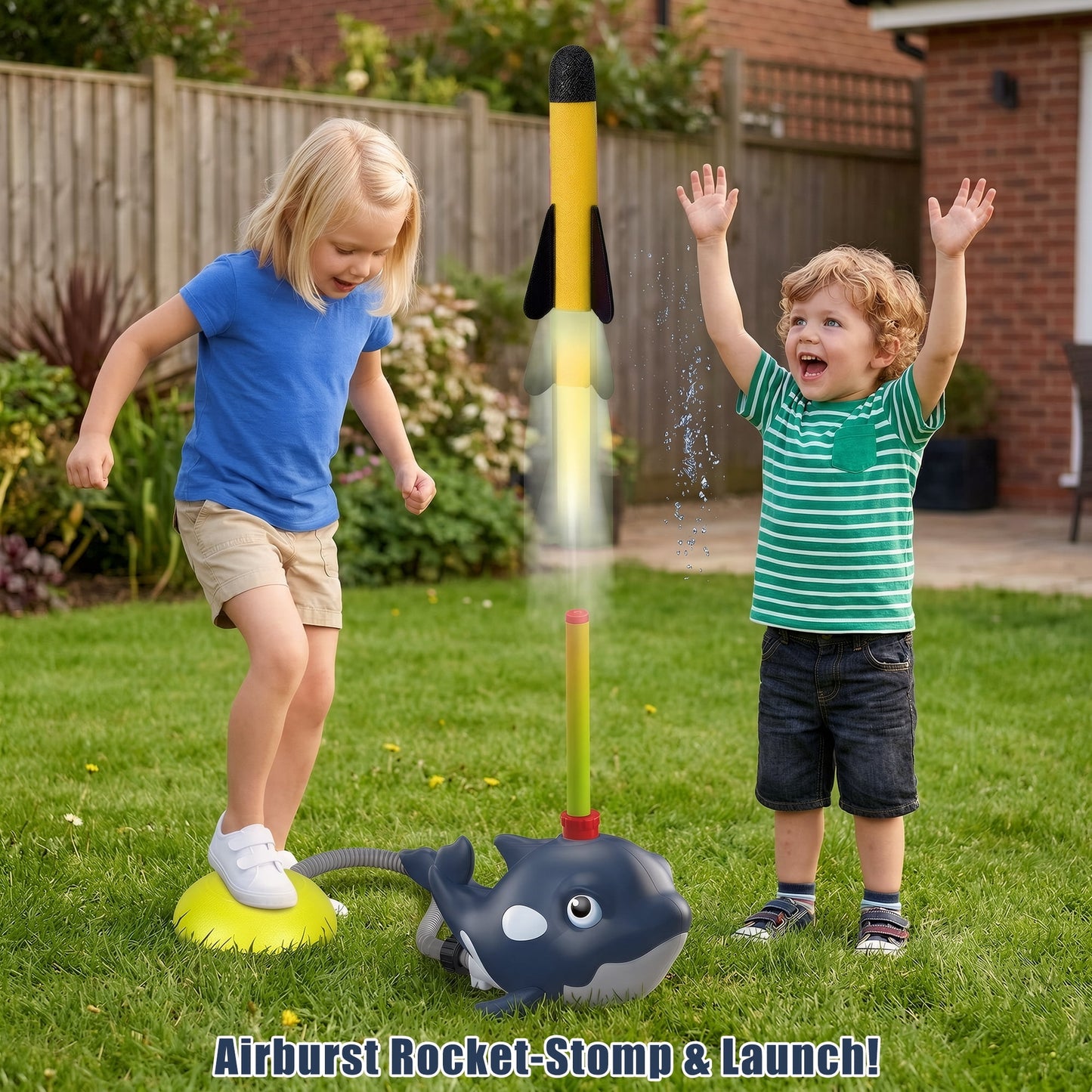 Flynow Whale 2 in 1 Water Sprinkler Toy Rocket Launcher Set - Outdoor Summer Water Spray Sprinkler for Backyard Lawn Garden Kids Ages 3-12