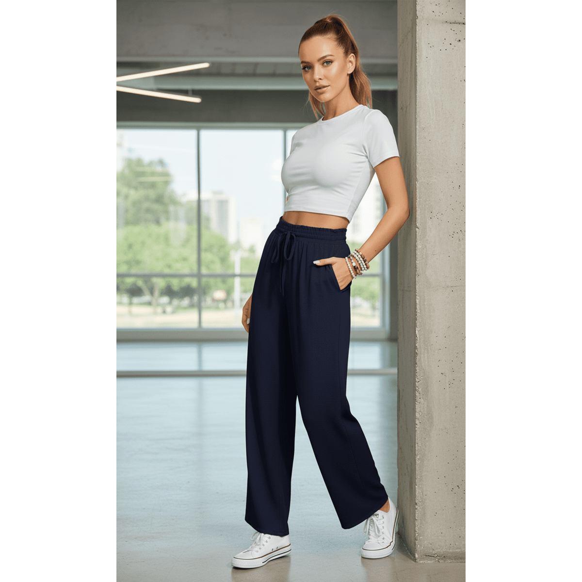 Women’s Casual Wide Leg Sweatpants Flowy Lounge Pants with Pockets Adjustable Tie Knot Elastic Waist Pajama Pants
