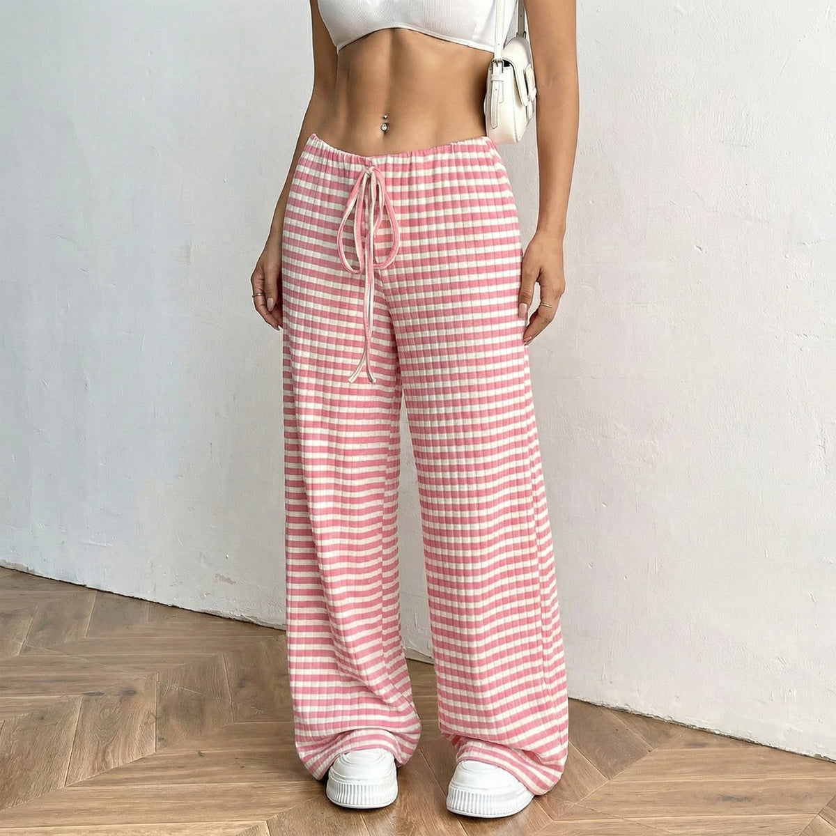 Women’s Wide Leg Palazzo Pants High Waisted Striped Knit Lounge Pants Elastic Waist Drawstring Casual Pajama Trousers