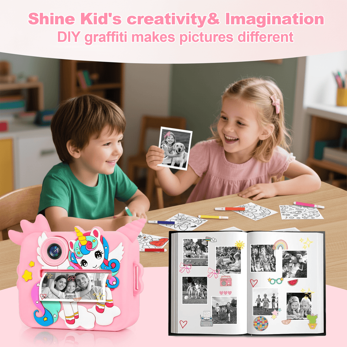 Flynow Kids Camera Toy Instant Print, Children Digital Camcorder, Christmas Birthday Gifts for Girls Boys Toddler Ages 3-12, 4 5 6 7 8 9 Year Old, 1080P HD Video with 32G SD Card Cartoon Soft Cover