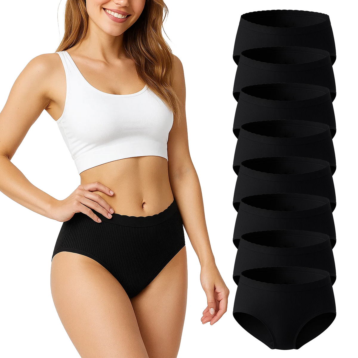 WQD Women's Underwear 8 Pack Ribbed Briefs Mid Rise Full Coverage Stretch Panties No Ride Up Soft Breathable Everyday Underwear
