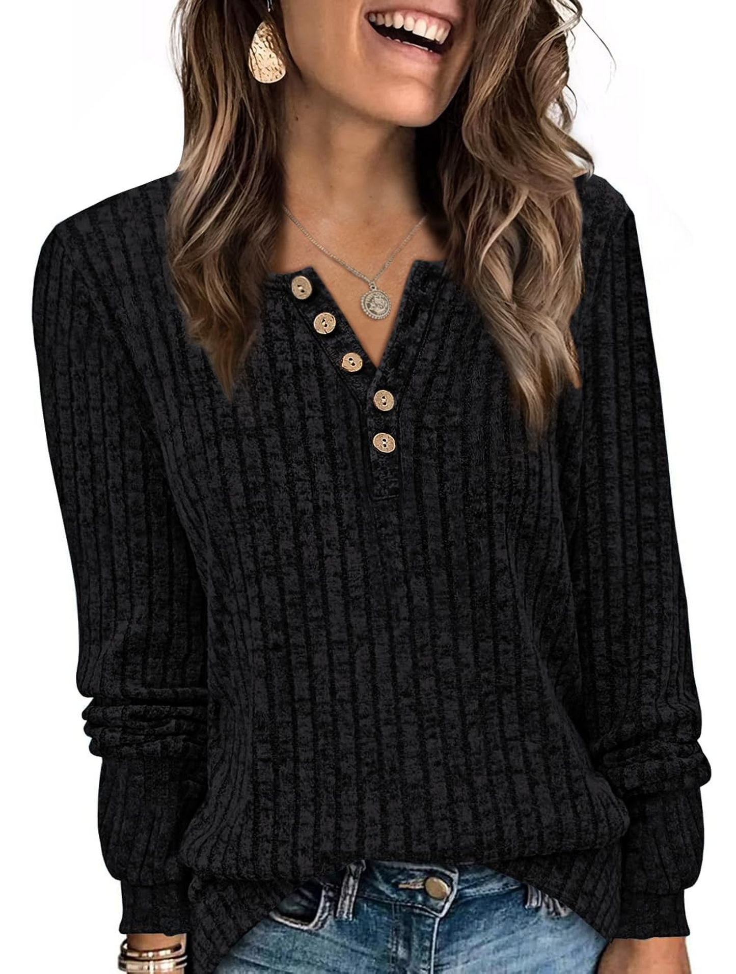 WQD Womens Sweater Long Sleeve Henley Shirts Loose Tunic Tops Casual Pullover Trendy Outfits for Fall Winter Spring (Available in Plus Size)